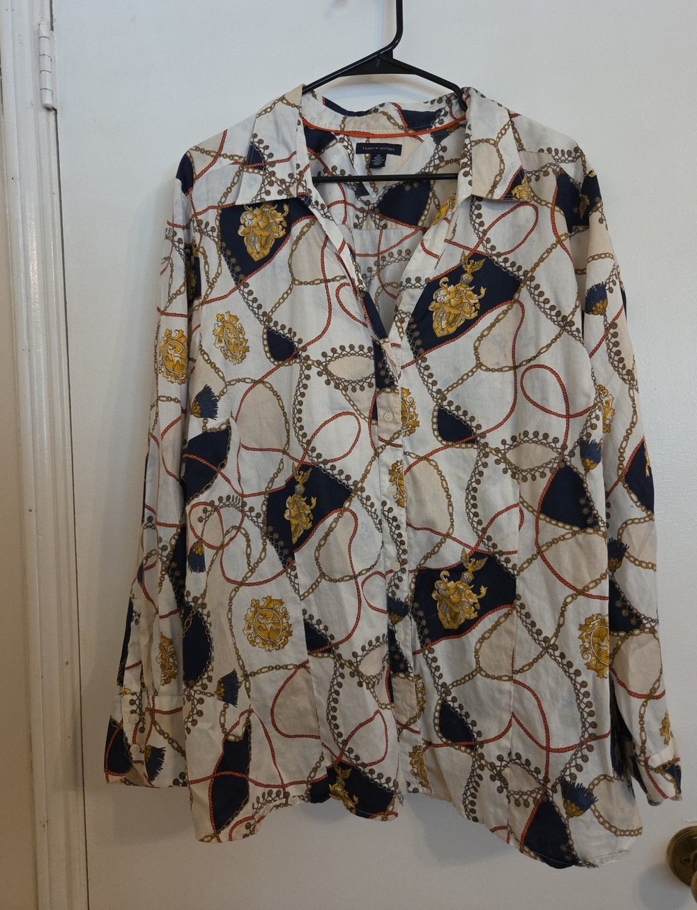 Tommy Hilfiger White Button-Down Shirt with Navy & Gold Medallion Print